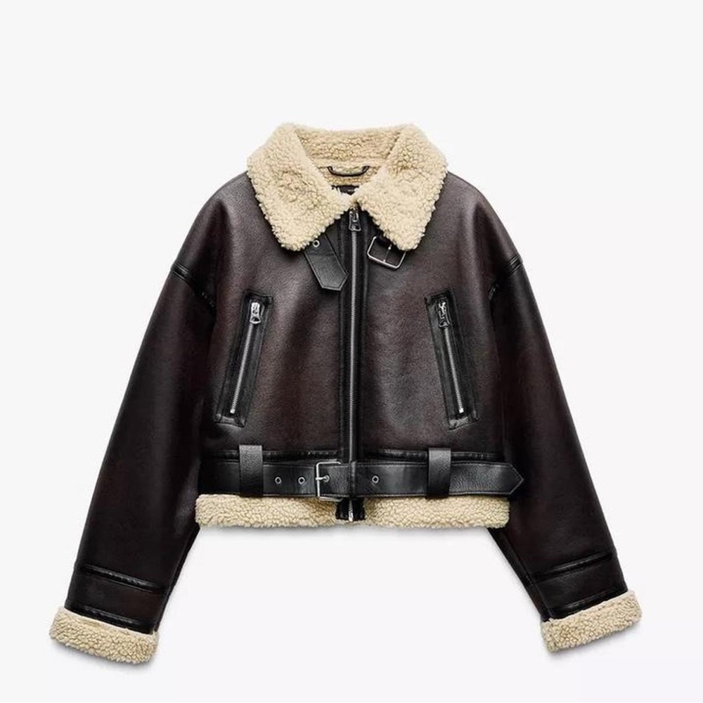 Zara Dark Brown Leather Jacket with Shearling Collar